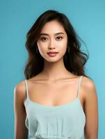 AI generated Portrait of beautiful asian woman on isolated light blue background, wearing tank top, beauty model photo