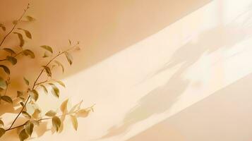 AI generated Blurred shadows of plant leaves on a beige wall, Abstract background for product presentations, Spring and summer photo