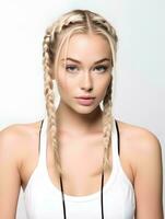 AI generated portrait of beautiful young woman with long braided blonde hair, isolated white background, AI Generative photo