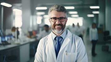 ai generado maduro masculino médico vistiendo un blanco Saco y lentes en un moderno médico Ciencias laboratorio con un equipo de especialistas en el antecedentes foto