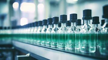 AI generated Medicine bottles on a production line in a pharmaceutical factory, machines working on a glass bottle production line photo