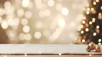 AI generated Empty white table with abstract christmas celebration decorations blurred background with lit christmas tree string lights photo