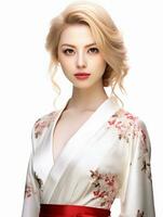 AI generated portrait of young blonde japanese female model wearing kimono posing gracefully, isolated white background, generative AI photo