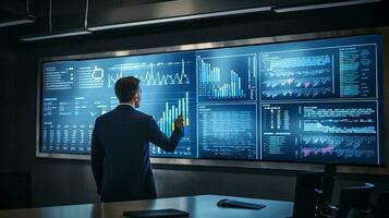 AI generated Senior male Data Scientist presenting Management Department report On Large Digital Screen In Monitoring Room photo