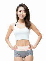 AI generated underwear model photo, beautiful Japanese female model with pure white skin, as a clothing model photo, beautiful smile expression, graceful pose, studio photo, isolated white background photo