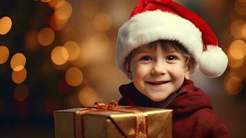 ai generado pequeño chico participación un regalo caja en Navidad día con un antecedentes de atmósfera en el víspera de Navidad celebraciones, contento facial expresión foto