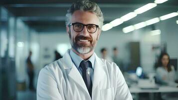 AI generated Mature male doctor wearing a white coat and glasses in a modern Medical Science Laboratory with a team of Specialists in the background photo