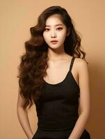 AI generated Beautiful young Asian woman wearing tank top with long curly hair, Korean style makeup and perfect skin on an isolated background, AI Generative photo