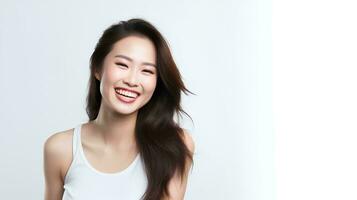 AI generated professional studio photo of beautiful young white Japanese female model with perfectly clean teeth with laughing expression, isolated white background