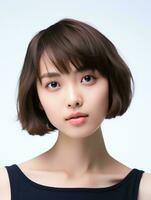 AI generated Portrait of beautiful Japanese woman with short bob haircut, isolated white background, AI Generative photo