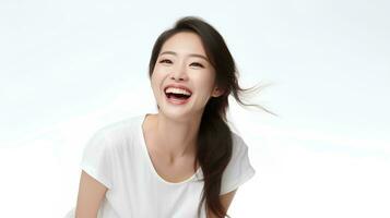 AI generated professional studio photo of beautiful young white Japanese female model with perfectly clean teeth with laughing expression, isolated white background