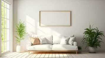 AI generated Mockup frame in a simple, comfortable family room interior, 3D rendering, the effect of sunlight through the windows shining on the white wall photo
