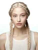 AI generated portrait of beautiful young woman with long braided blonde hair, isolated white background, AI Generative photo