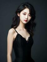 AI generated Portrait of young Japanese female beauty model with pure white skin, wearing black velvet dress with slit, sexy pose, glowing skin, studio photo, isolated black background, AI Generative photo