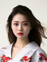 ai generado retrato de un joven japonés hembra modelo vistiendo un kimono posando graciosamente, aislado blanco fondo, ai generativo foto