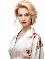 AI generated portrait of young blonde japanese female model wearing kimono posing gracefully, isolated white background, generative AI photo