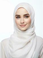 AI generated Portrait of a young woman wearing a hijab, a beauty product model with a white and clean face, elegantly posing, studio photo, isolated white background photo