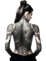 AI generated A beautiful woman dressed in skimpy clothes, thin black tattoos snaking all over her body, photo taken from the back, studio photo, isolated white background, AI Generative