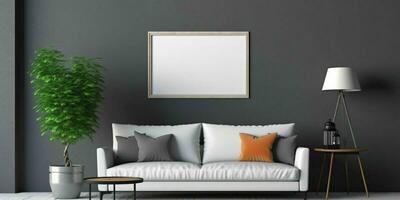 AI generated Modern and Minimalist Living Room Interior Design with Blank White Picture Frame Mockup. Generative AI photo