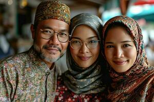 AI generated Portrait of a Happy Asian Muslim Family in Traditional Clothes. Generative AI photo