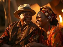 ai generado romántico mayor africano Pareja abrazando cada otro con puesta de sol vista. generativo ai foto