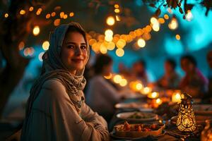 AI generated Arab Muslim women gather together during Ramadan with delicious dishes on the table. Iftar Dinner. Generative Ai photo