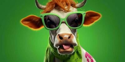 AI generated Portrait of Cool and Funny Cow Wearing Glasses in Studio Background. Generative AI photo