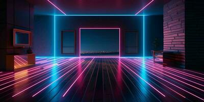 AI generated Modern Dark Room with Glowing Neon Lines with Retro 80s Style. Futuristic Interior with Laser Effect. Generative AI photo