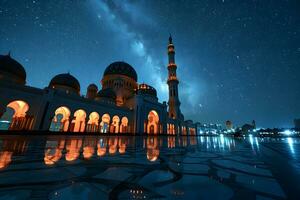AI generated A Magnificent Mosque with a Beautiful Sky View at Sunset. Generative AI photo