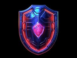 AI generated Modern and Futuristic Shield on Black Background. Shield in Fantasy Game Style. Generative AI photo