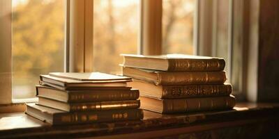 ai generado apilar de libros en un de madera mesa con ventana y luz de sol en el antecedentes. generativo ai foto