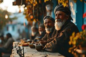 ai generado contento y alegre medio oriental antiguo hombre sentado y disfrutando un comida juntos al aire libre. generativo ai foto