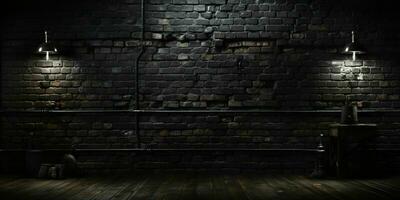 AI generated Black Brick Wall Texture Background. Room with Dark Brick Wall. Generative AI photo