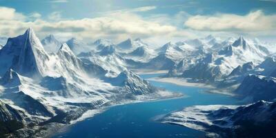 ai generado ilustración de un grande Nevado montaña paisaje con un lago abajo. invierno montañas. generativo ai foto