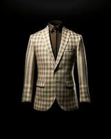 AI generated Elegant Beige Men's Suit with Gingham Motif Isolated on Black Background. Generative AI photo