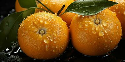 AI generated Fresh Oranges with Water Droplets Isolated on a Black Background. Generative AI photo