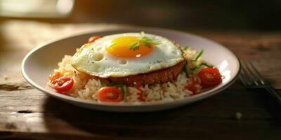 AI generated Delicious fried rice with a sunny side up egg, served on a white plate with a wooden table background. Generative AI photo