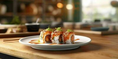 ai generado delicioso Sushi rollos servido en un lámina. generativo ai foto