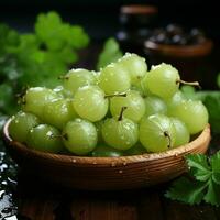 AI generated Fresh Ripe Green Gooseberries in Wooden Basket. Close up of Gooseberry. Generative AI photo