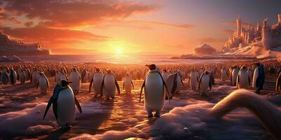 ai generado pingüino colonia en el playa con hermosa puesta de sol vista. generativo ai foto