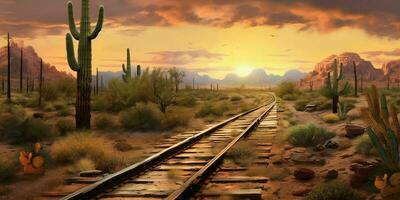 AI generated Rusty Railroad Track on Western Desert. Abandoned Train Track. Generative AI photo