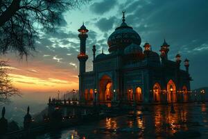 AI generated A Magnificent Mosque with a Beautiful Sky View at Sunset. Generative AI photo