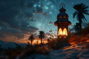 AI generated Arabic Lantern in the Desert at Sunset. Ramadan Kareem Background. Muslim Holy Month. Generative Ai photo