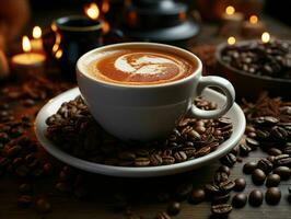 AI generated A Cup of Coffee with Coffee Beans Scattered on a Wooden Table. Generative AI photo