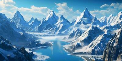 AI generated Illustration of a Large Snowy Mountain Landscape with a Lake Below. Winter Mountains. Generative AI photo