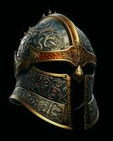 ai generado hierro medieval guerra casco aislado en negro antecedentes. generativo ai foto