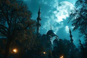 AI generated A Magnificent Mosque with a Beautiful Sky View at Sunset. Generative AI photo