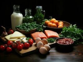 ai generado arreglo de crudo carne, leche, huevos, y vegetales en negro antecedentes. generativo ai foto