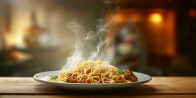 AI generated Delicious Fried Noodle with Smoky Effect on a Wooden Table. Generative AI photo