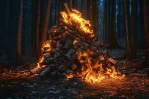 ai generado grande hoguera con fuego en el bosque a noche. ardiente madera montón. generativo ai foto